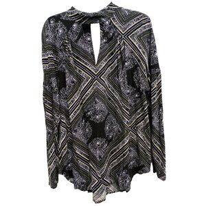 Free People Womens Walking On A Dream Tunic Top Medium Black Floral Keyhole BOHO